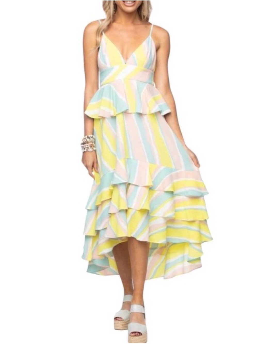 Buddy Love Georgia - Pastel Stripe Ruffle High-Low Dress - Yellow, Blue & Pink